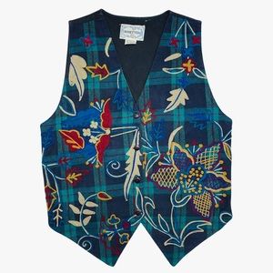 Vintage Embroidered Vest Large Floral Plaid Layering Rosettes Grannycore Artsy